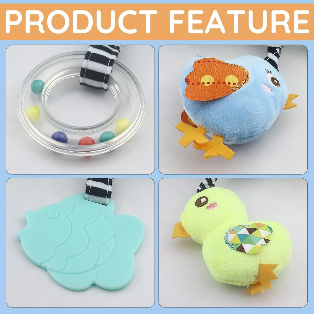 Car Seat Toys, Baby Activity Spiral Plush Toys for Stroller Bar Accessories, Crib Toys with Bell for Boy or Girl, Hangings Rattle Toy with Squeaky (Yellow-Duck)